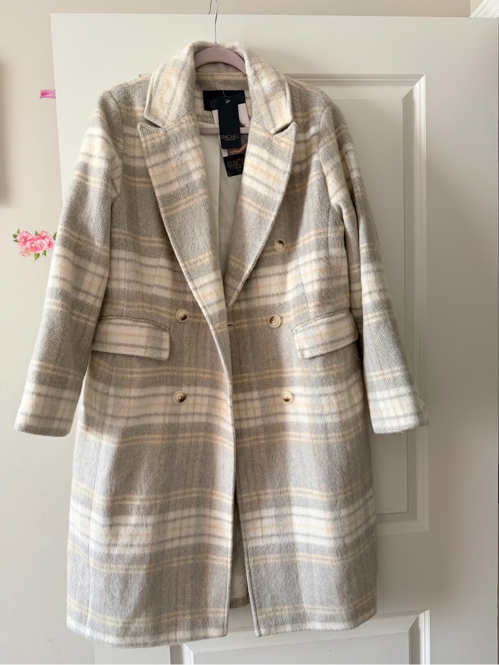 RACHEL Rachel Roy Beige & Cream Plaid Double-Breasted Pea Coat